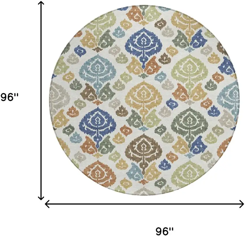 8' Ivory And Gold Round Damask Washable Indoor Outdoor Area Rug Photo 8