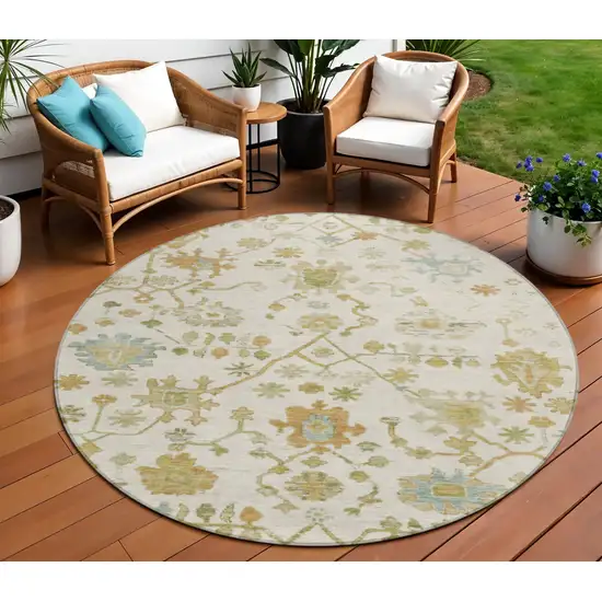 8' Ivory And Gold Round Floral Washable Indoor Outdoor Area Rug Photo 2