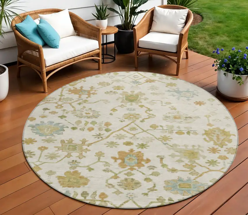 8' Ivory And Gold Round Floral Washable Indoor Outdoor Area Rug Photo 2