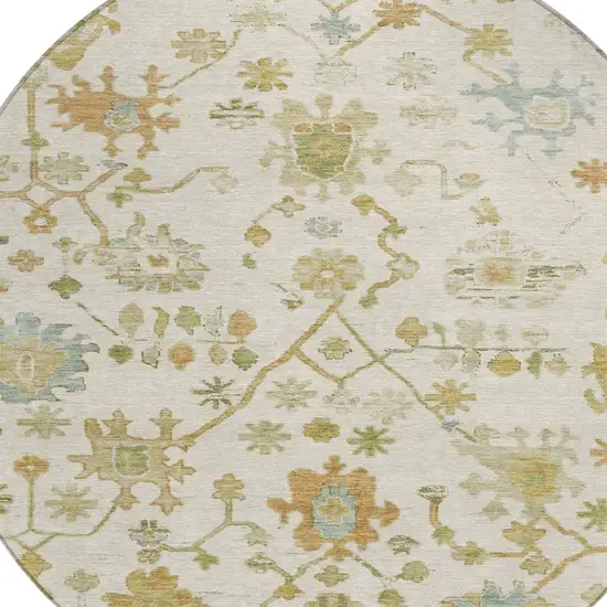 8' Ivory And Gold Round Floral Washable Indoor Outdoor Area Rug Photo 8