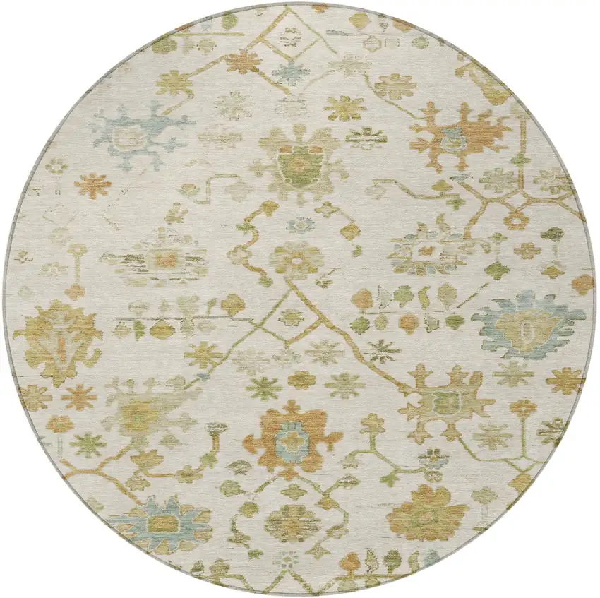 8' Ivory And Gold Round Floral Washable Indoor Outdoor Area Rug Photo 3