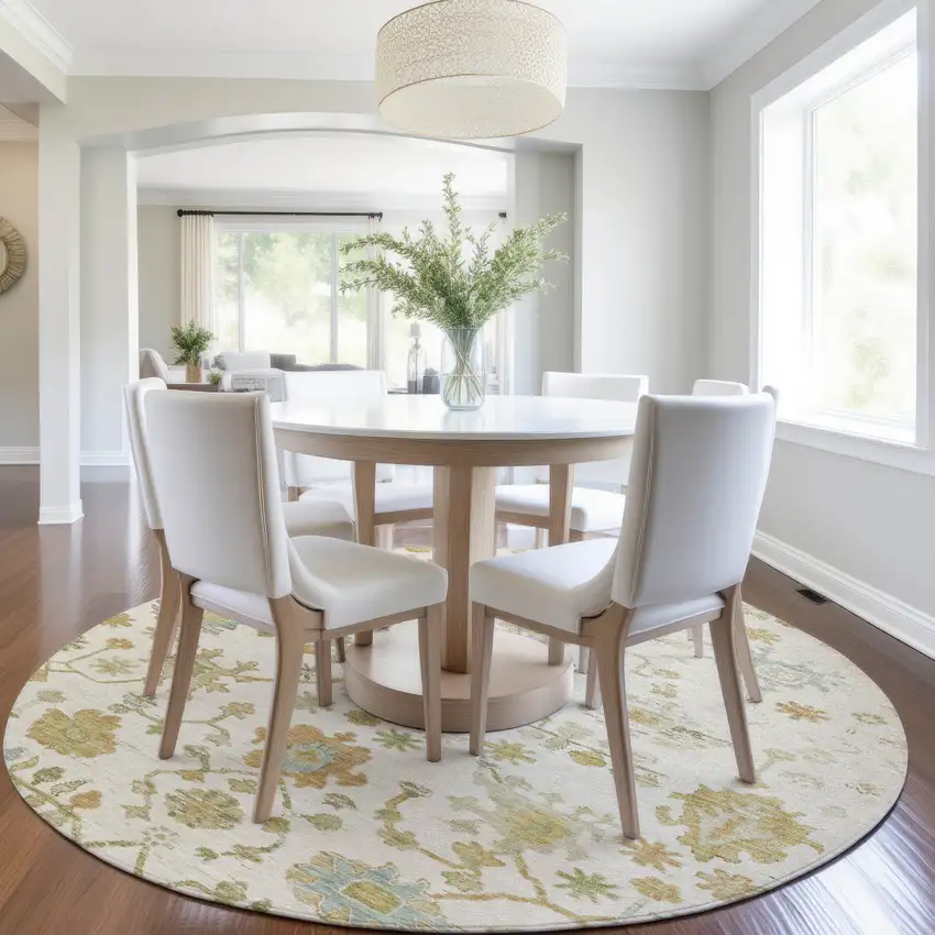 8' Ivory And Gold Round Floral Washable Indoor Outdoor Area Rug Photo 6