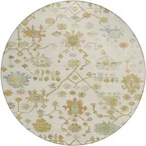 Photo of 8' Ivory And Gold Round Floral Washable Indoor Outdoor Area Rug