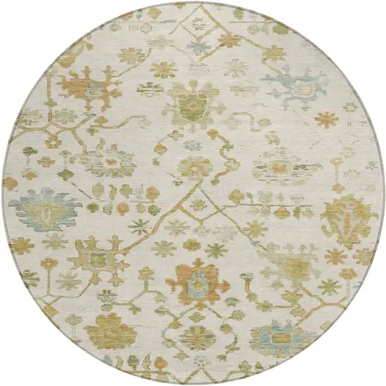 8' Ivory And Gold Round Floral Washable Indoor Outdoor Area Rug Photo 1