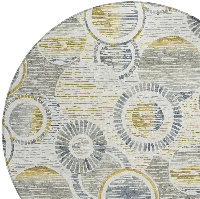 8' Ivory And Gold Round Geometric Washable Indoor Outdoor Area Rug Photo 4
