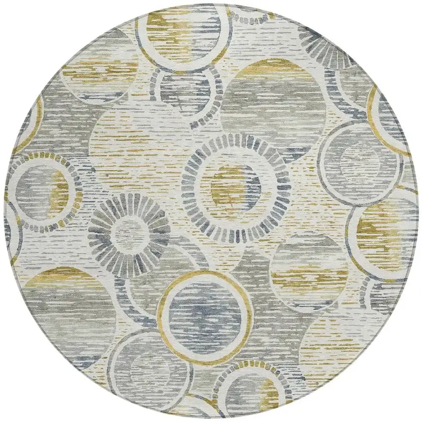 8' Ivory And Gold Round Geometric Washable Indoor Outdoor Area Rug Photo 3