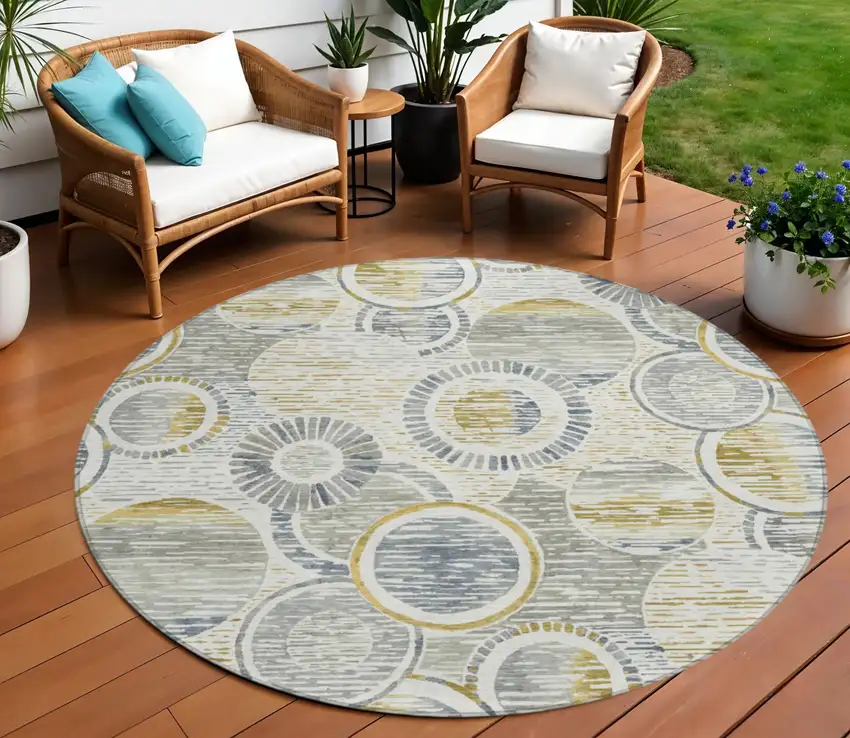 8' Ivory And Gold Round Geometric Washable Indoor Outdoor Area Rug Photo 2