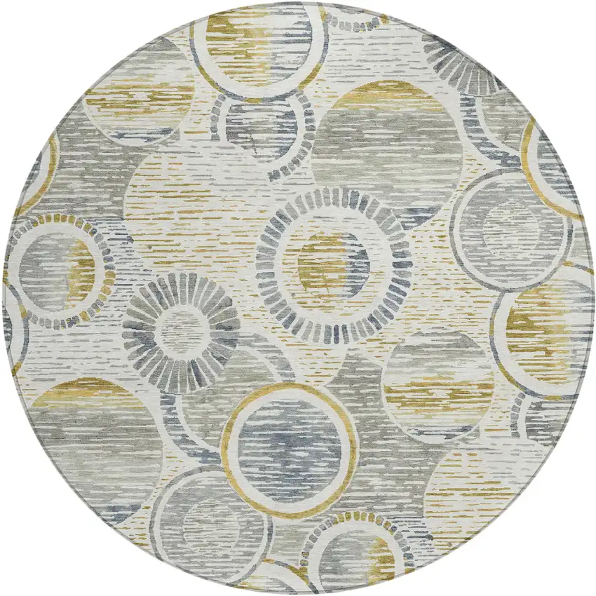 8' Ivory And Gold Round Geometric Washable Indoor Outdoor Area Rug Photo 1