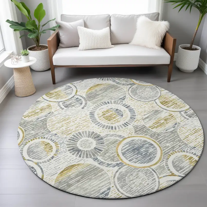8' Ivory And Gold Round Geometric Washable Indoor Outdoor Area Rug Photo 7
