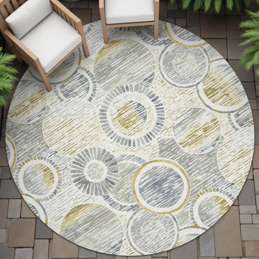 8' Ivory And Gold Round Geometric Washable Indoor Outdoor Area Rug Photo 9