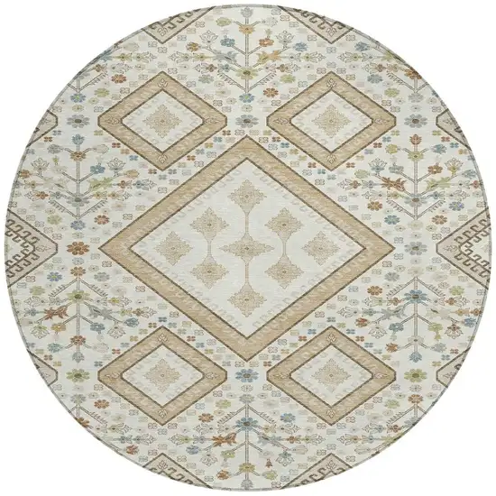 8' Ivory And Gold Round Medallion Washable Indoor Outdoor Area Rug Photo 3