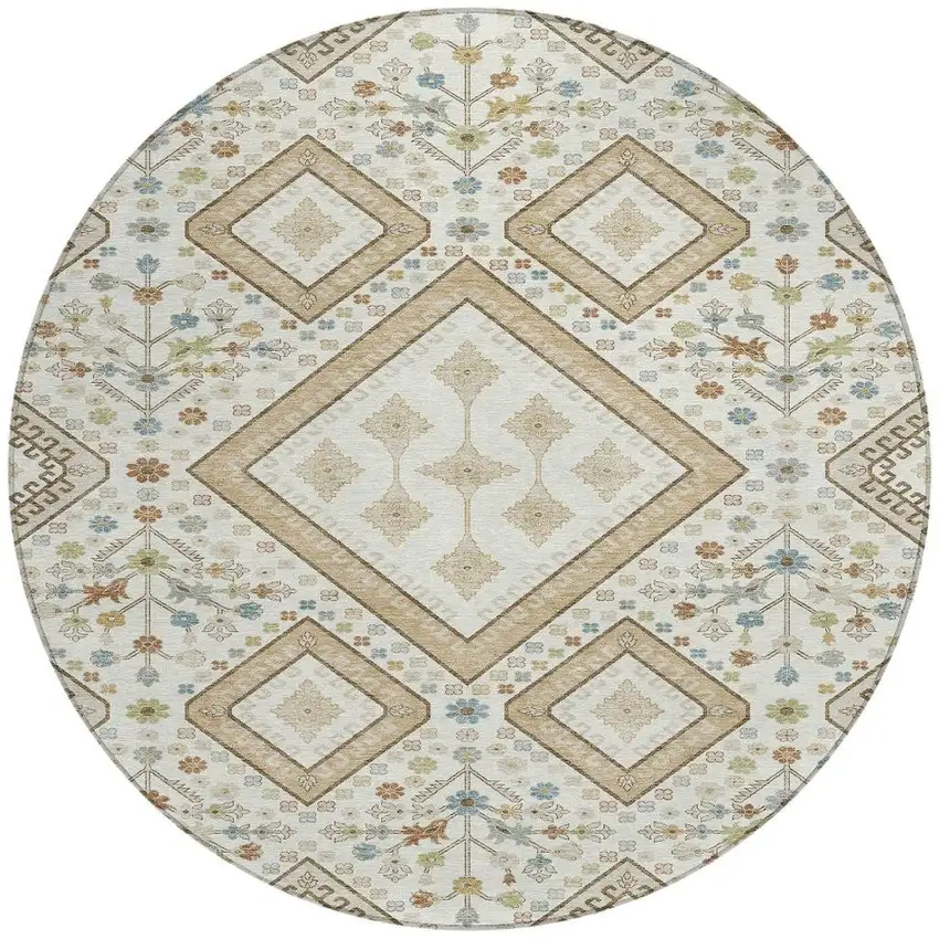 8' Ivory And Gold Round Medallion Washable Indoor Outdoor Area Rug Photo 3