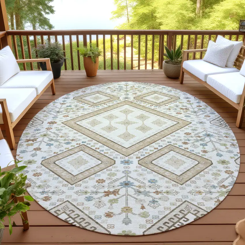8' Ivory And Gold Round Medallion Washable Indoor Outdoor Area Rug Photo 4