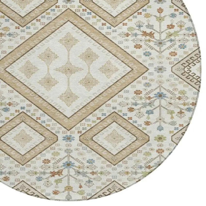 8' Ivory And Gold Round Medallion Washable Indoor Outdoor Area Rug Photo 2