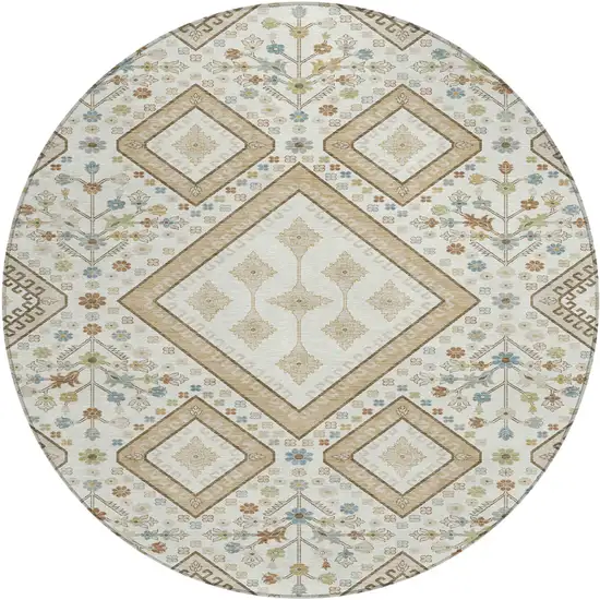 8' Ivory And Gold Round Medallion Washable Indoor Outdoor Area Rug Photo 1
