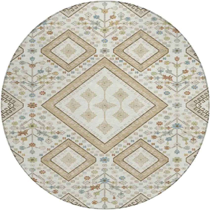 8' Ivory And Gold Round Medallion Washable Indoor Outdoor Area Rug Photo 1