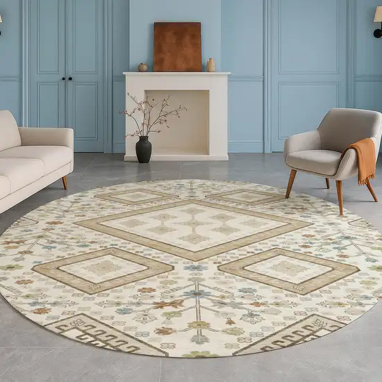 8' Ivory And Gold Round Medallion Washable Indoor Outdoor Area Rug Photo 5