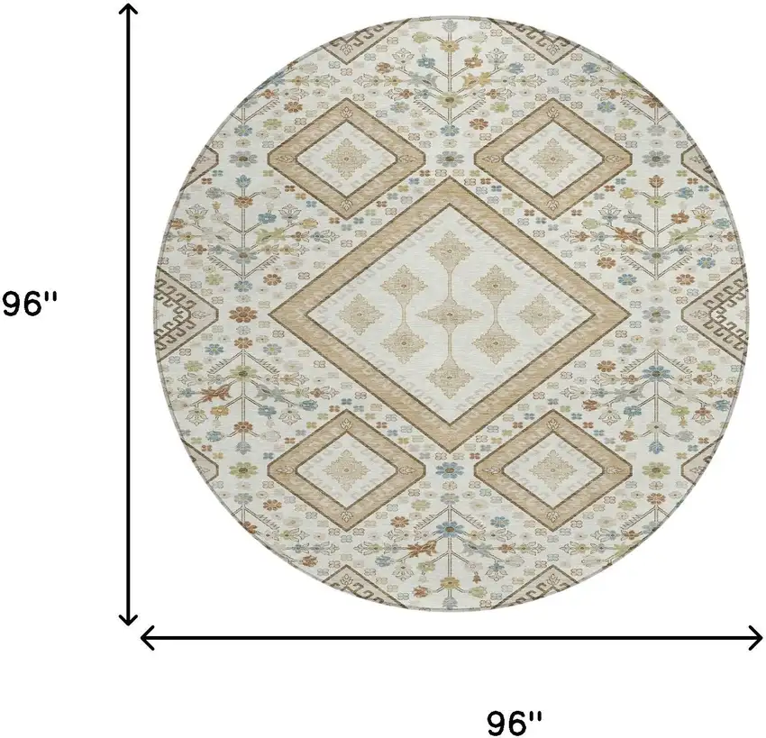 8' Ivory And Gold Round Medallion Washable Indoor Outdoor Area Rug Photo 8