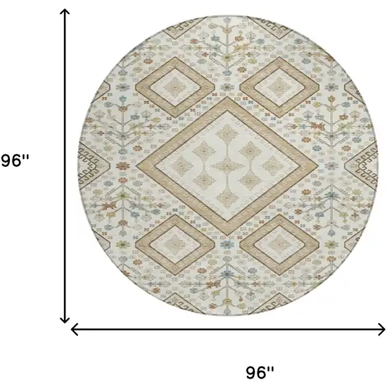 8' Ivory And Gold Round Medallion Washable Indoor Outdoor Area Rug Photo 8