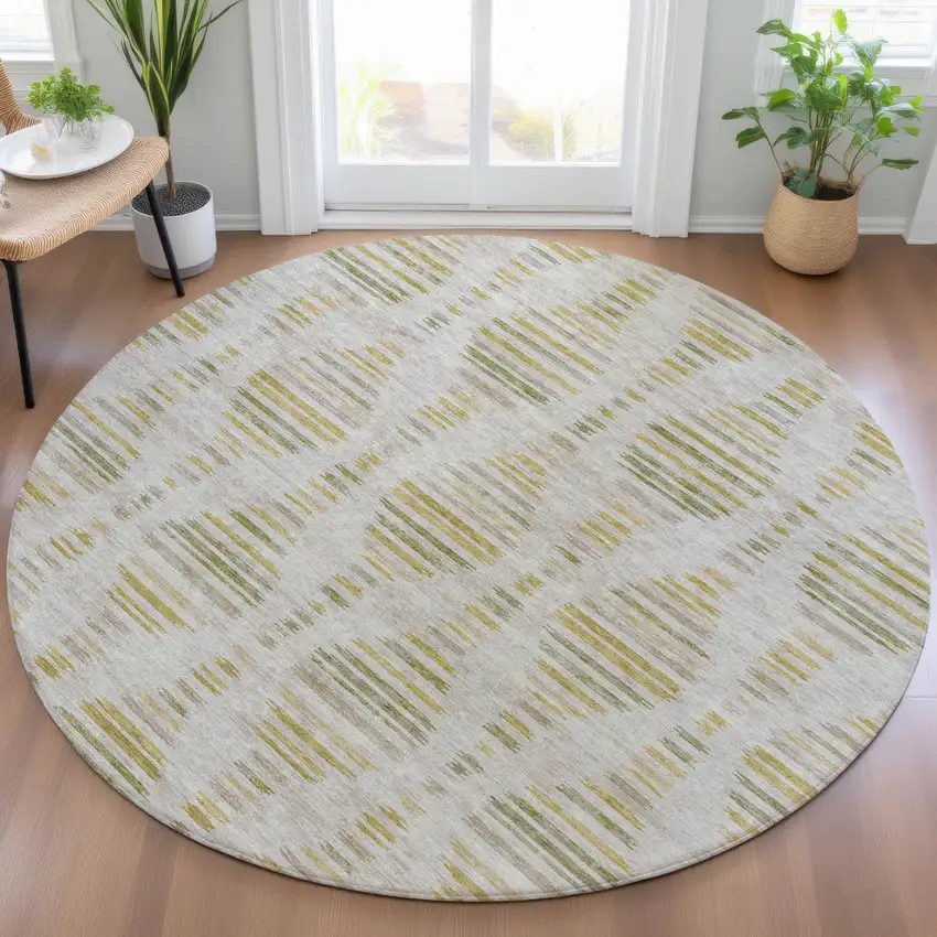 8' Ivory And Gold Round Striped Washable Indoor Outdoor Area Rug Photo 6