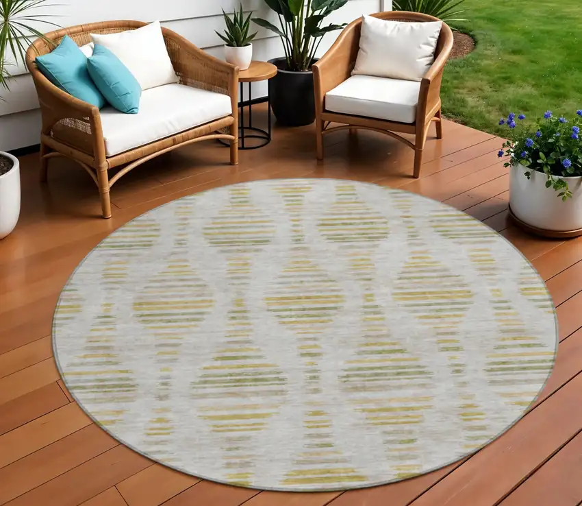 8' Ivory And Gold Round Striped Washable Indoor Outdoor Area Rug Photo 2