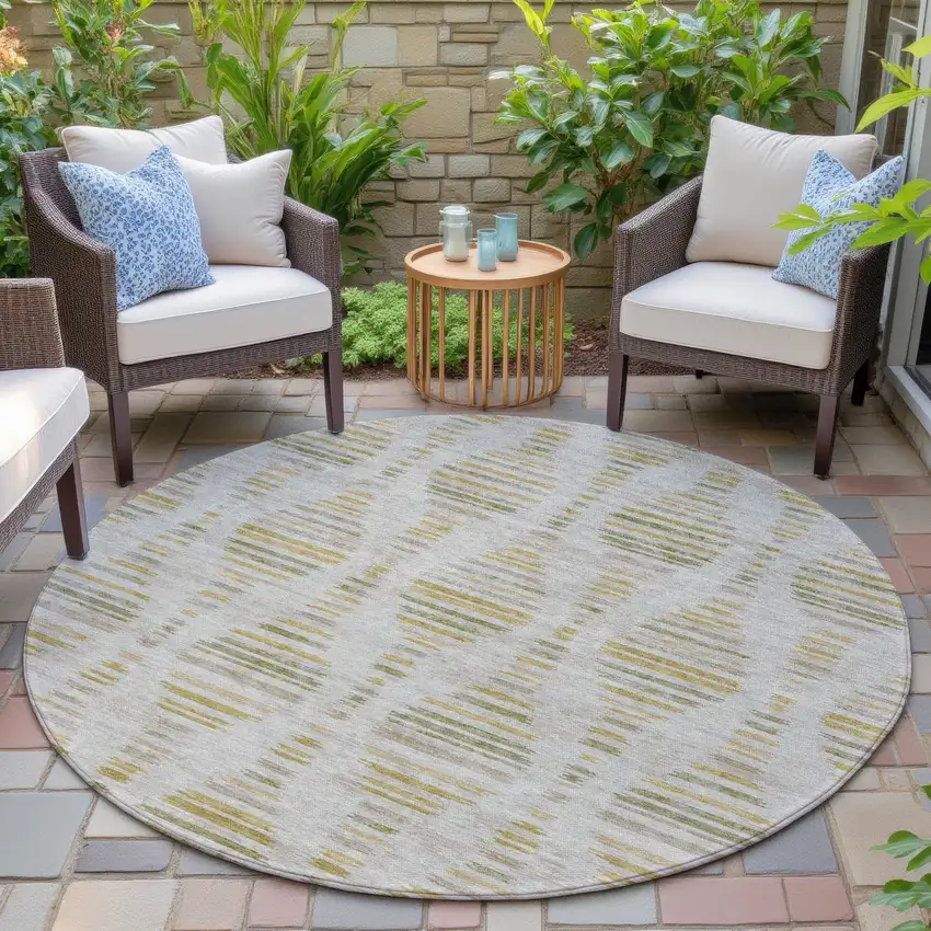 8' Ivory And Gold Round Striped Washable Indoor Outdoor Area Rug Photo 7