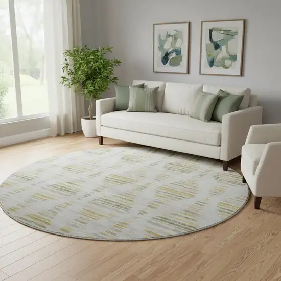 8' Ivory And Gold Striped Washable Round Rug With UV Protection Photo 2