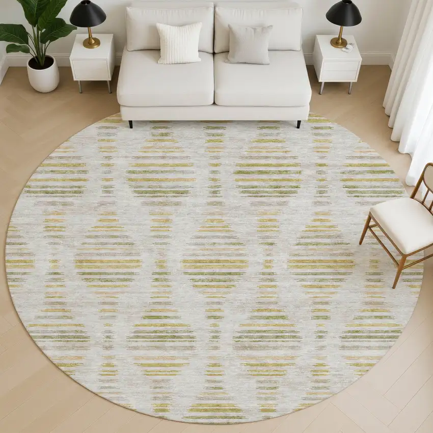 8' Ivory And Gold Striped Washable Round Rug With UV Protection Photo 5
