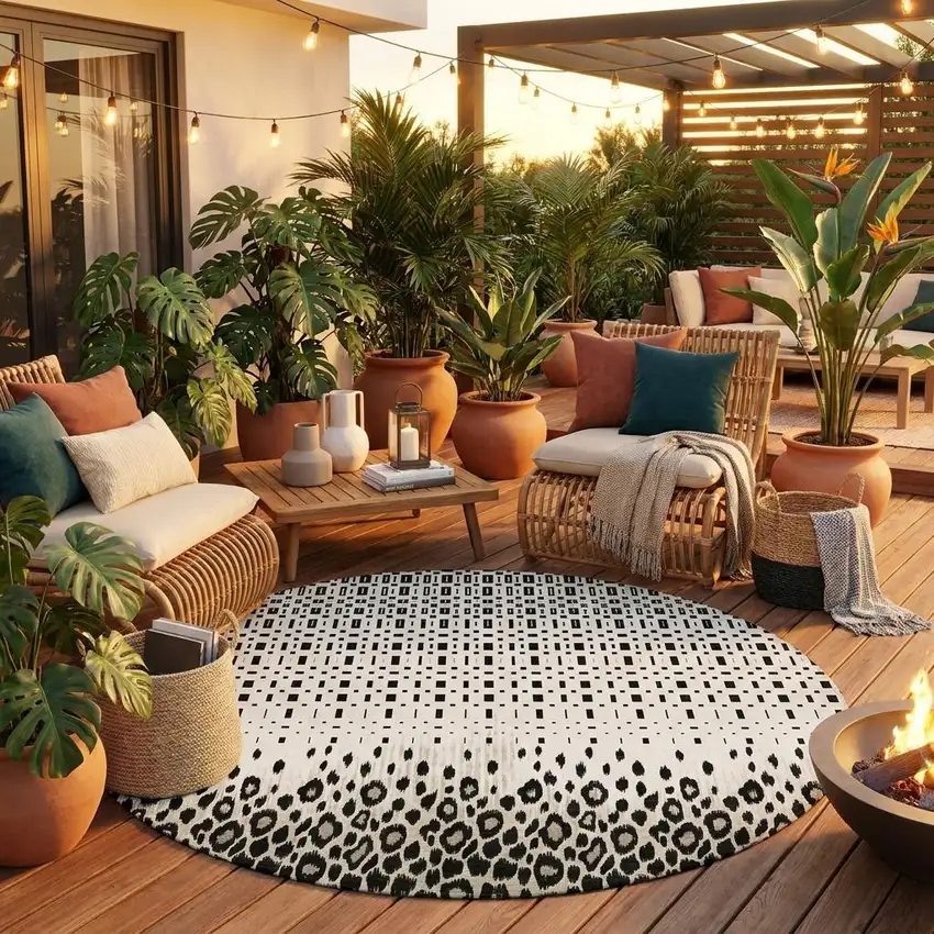 8' Ivory And Graphite Round Geometric Washable Indoor Outdoor Area Rug Photo 1