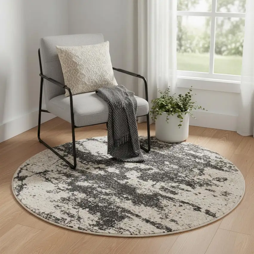 4' Ivory And Gray Abstract Non Skid Round Rug Photo 1