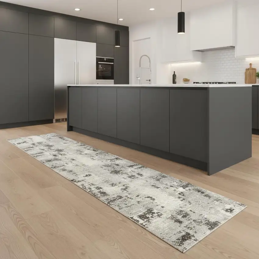 8' Ivory And Gray Abstract Runner Rug Photo 1