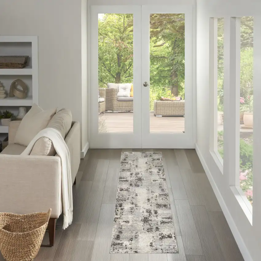 8' Ivory And Gray Abstract Runner Rug Photo 5