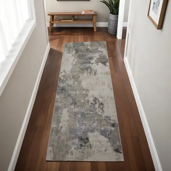 8' Ivory And Gray Abstract Stain Resistant Runner Rug Photo 1
