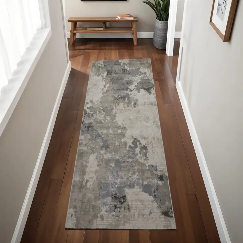 8' Ivory And Gray Abstract Stain Resistant Runner Rug Photo 1