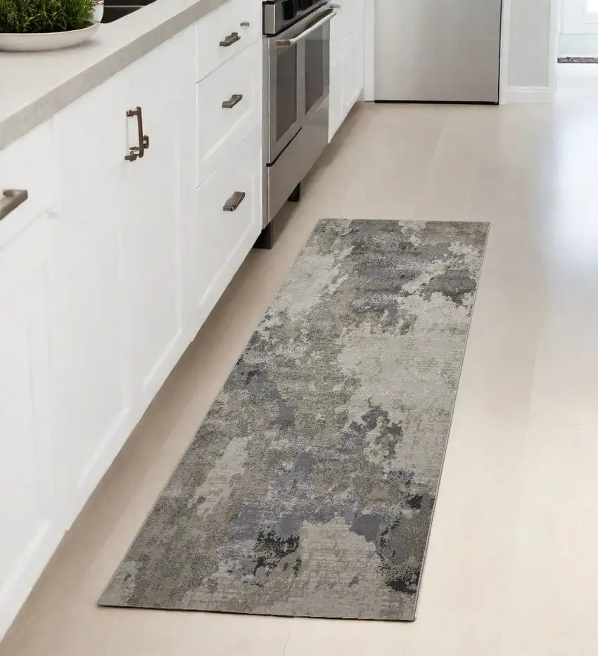 8' Ivory And Gray Abstract Stain Resistant Runner Rug Photo 1