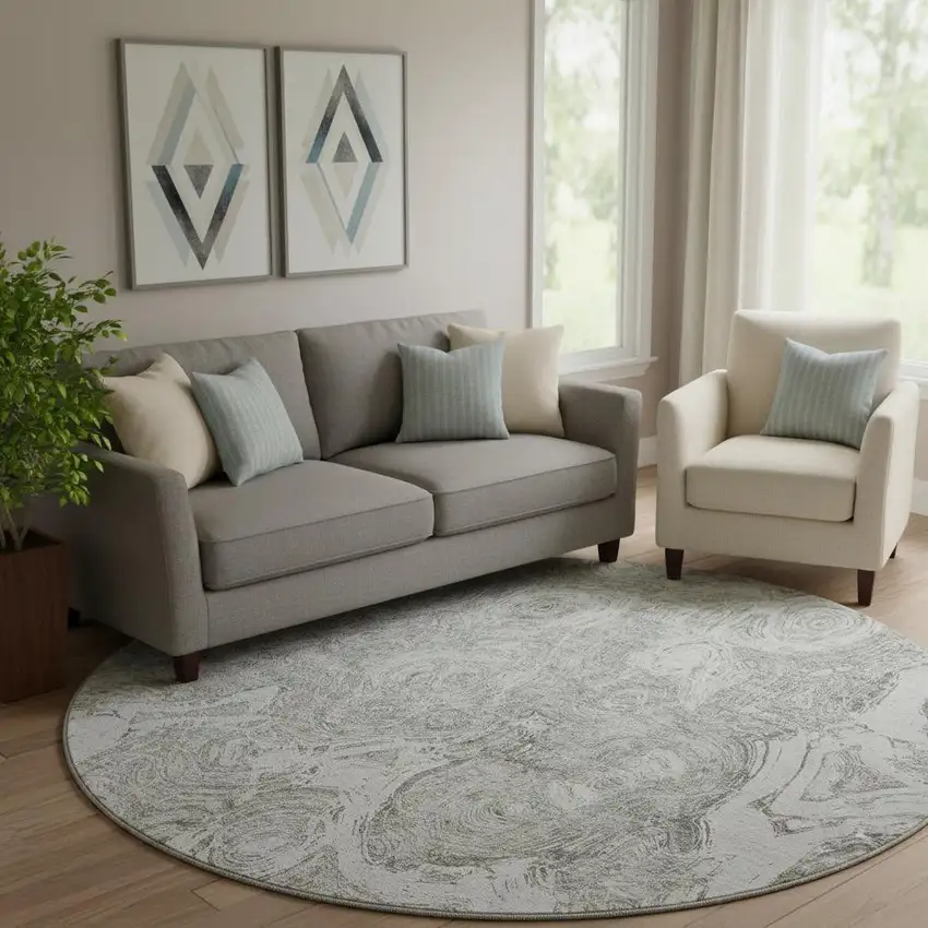 8' Ivory And Gray Abstract Washable Round Rug With UV Protection Photo 1