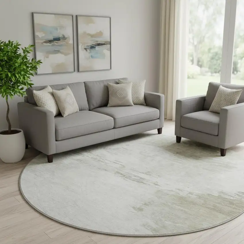 8' Ivory And Gray Abstract Washable Round Rug With UV Protection Photo 1