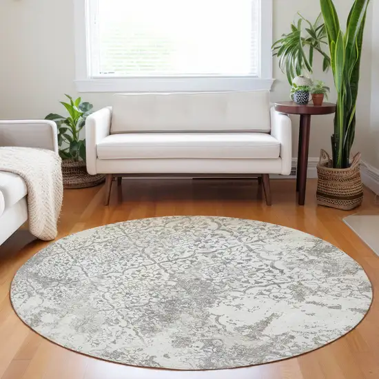 8' Ivory And Gray Abstract Washable Round Rug With UV Protection Photo 5