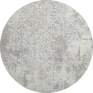 Photo of 8' Ivory And Gray Abstract Washable Round Rug With UV Protection