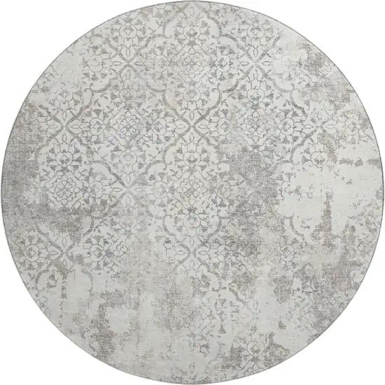 8' Ivory And Gray Abstract Washable Round Rug With UV Protection Photo 1