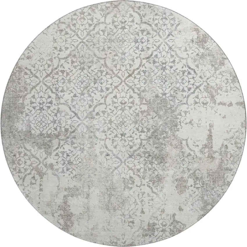 8' Ivory And Gray Abstract Washable Round Rug With UV Protection Photo 1