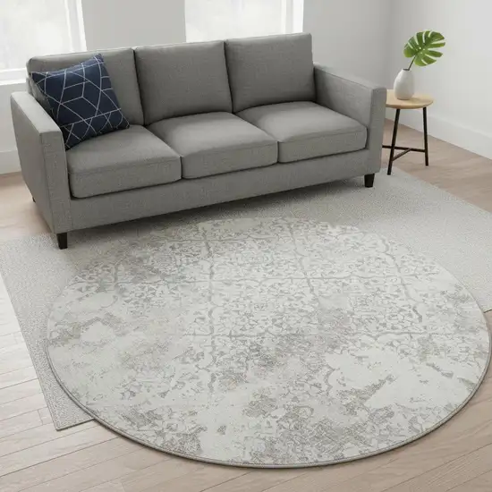 8' Ivory And Gray Abstract Washable Round Rug With UV Protection Photo 2