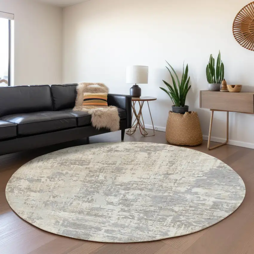 8' Ivory And Gray Abstract Washable Round Rug With UV Protection Photo 4