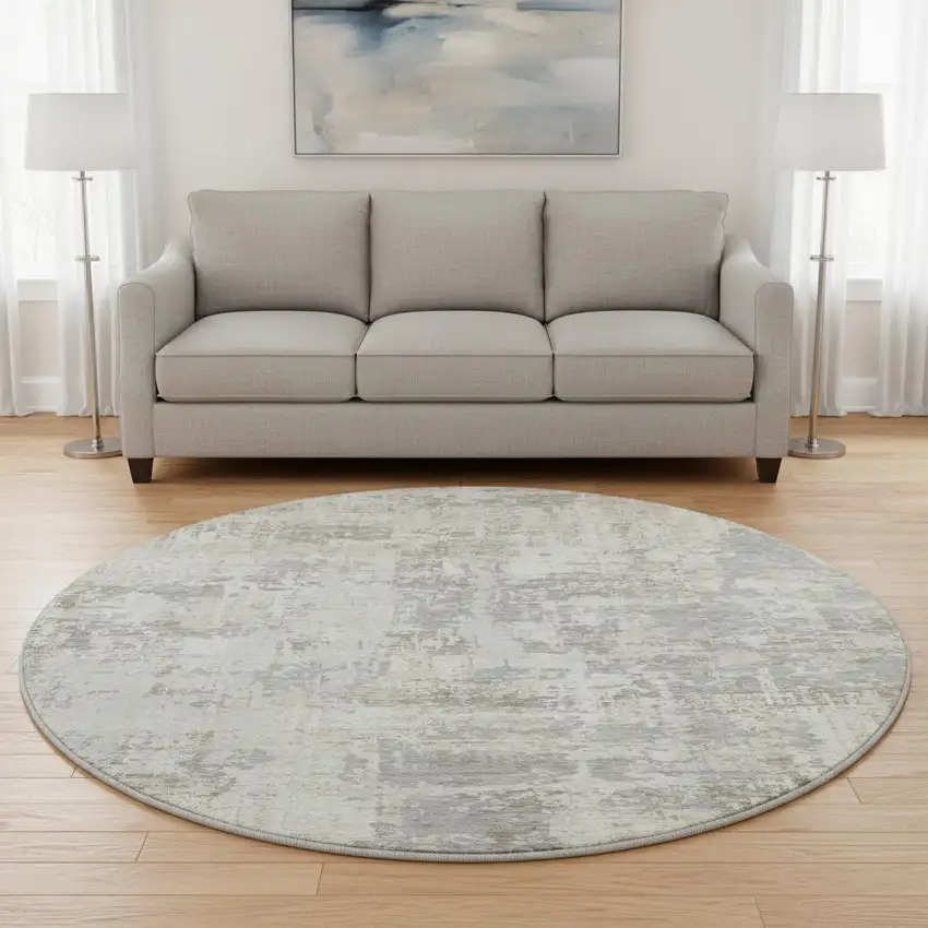 8' Ivory And Gray Abstract Washable Round Rug With UV Protection Photo 2