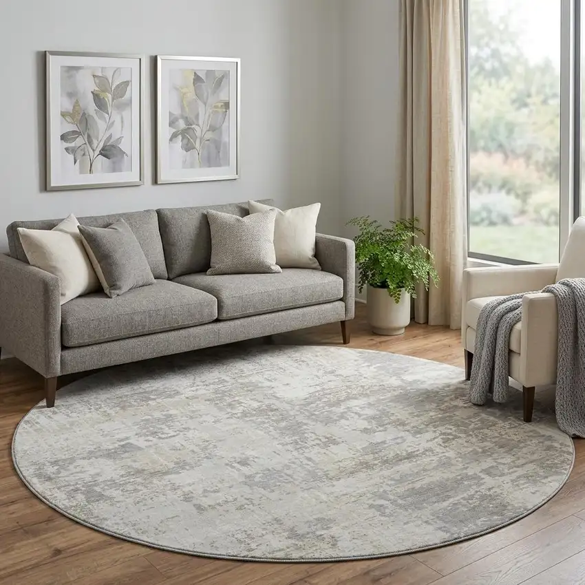 8' Ivory And Gray Abstract Washable Round Rug With UV Protection Photo 1