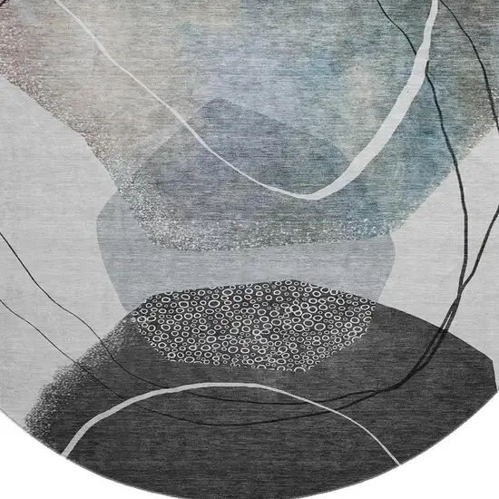 8' Ivory And Gray Abstract Washable Round Rug With UV Protection Photo 4