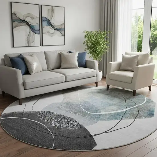 8' Ivory And Gray Abstract Washable Round Rug With UV Protection Photo 2