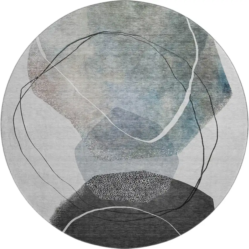 8' Ivory And Gray Abstract Washable Round Rug With UV Protection Photo 1