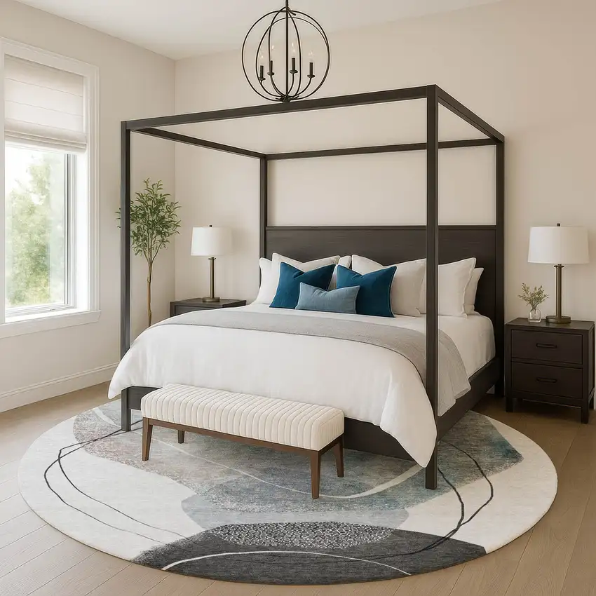 8' Ivory And Gray Abstract Washable Round Rug With UV Protection Photo 5