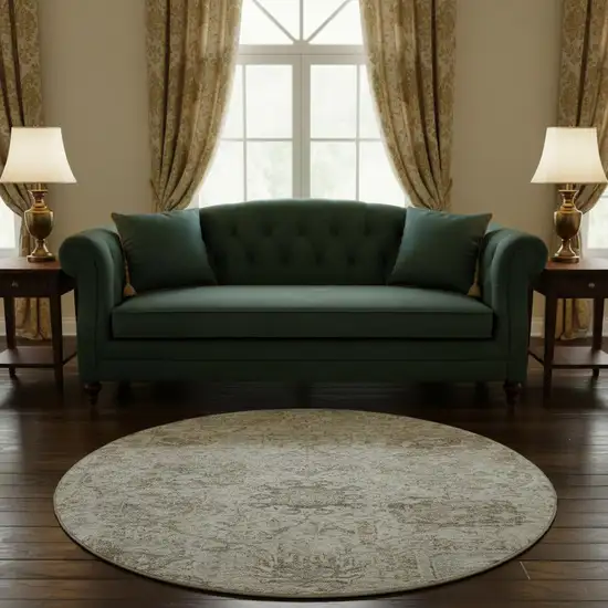 8' Ivory And Gray Damask Washable Round Rug With UV Protection Photo 2